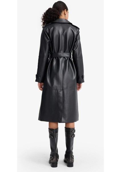 Regular Fit Suni Deri Düğmeli Cepli Uzun Trençkot E9873AX25AU