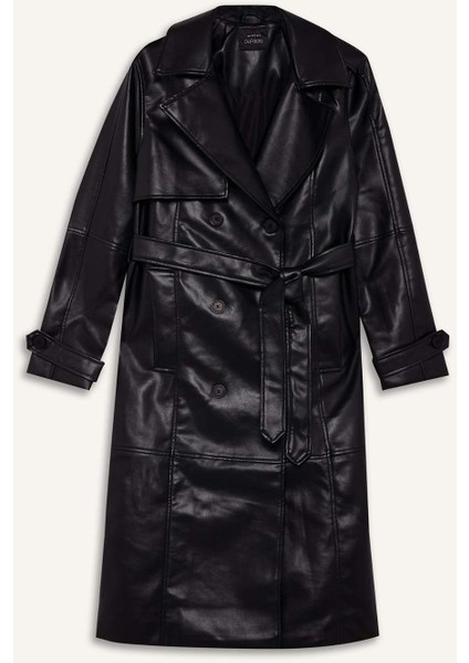 Regular Fit Suni Deri Düğmeli Cepli Uzun Trençkot E9873AX25AU