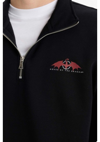 House Of The Dragon Boxy Fit Dik Yaka Fermuarlı Sırt Baskılı Sweatshirt