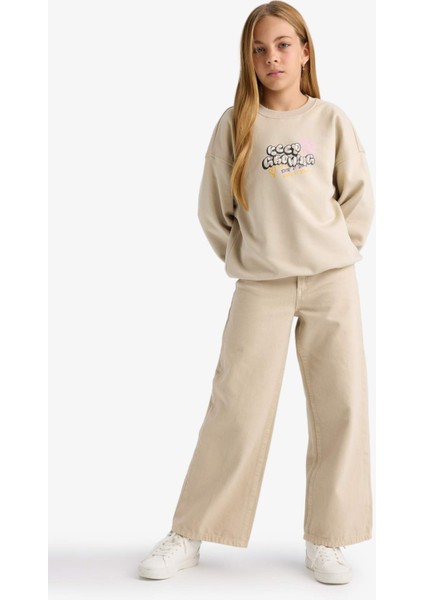 Kız Çocuk Oversize Geniş Kalıp Bisiklet Yaka Sırt Baskılı Sweatshirt E6756A825AU