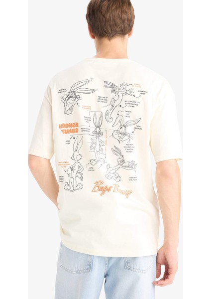 %100 Pamuk Looney Tunes Boxy Fit Rahat Kesim Bisiklet Yaka Sırt Baskılı Kısa Kollu Tişört E9311AX25AU