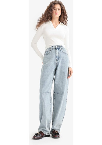 Baggy Fit Yüksek Bel Uzun Jean Yıkamalı Pantolon E9164AX25AU