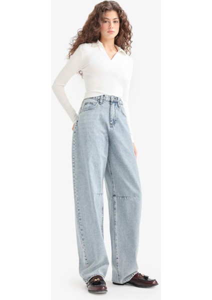 Baggy Fit Yüksek Bel Uzun Jean Yıkamalı Pantolon E9164AX25AU