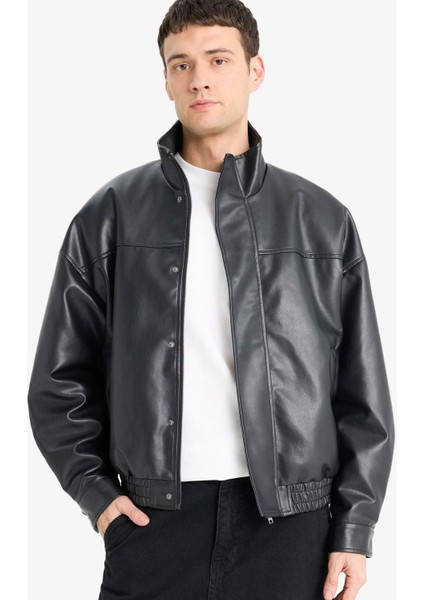 Su İtici Oversize Fit Geniş Kalıp Dik Yaka İç Cepli Çıtçıt Kapamalı Beli Lastikli Deri Ceket Mont D2427AX25AU