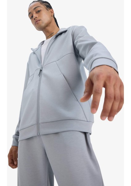 Fit Standart Fit Kapüşonlu Skuba Dalgıç Kumaş Yumuşak Tuşe Fermuarlı Hırka E9336AX25AU