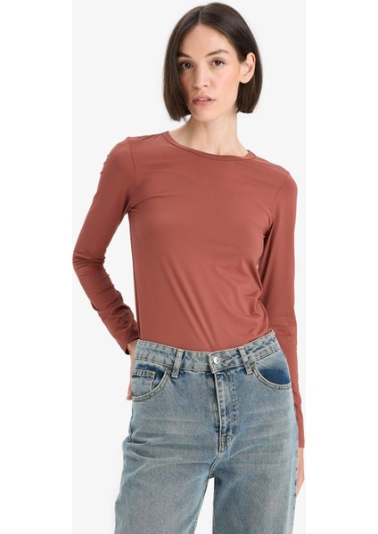 Slim Fit Dar Kesim Bisiklet Yaka Basic Düz Uzun Kollu Tişört D3756AX25AU