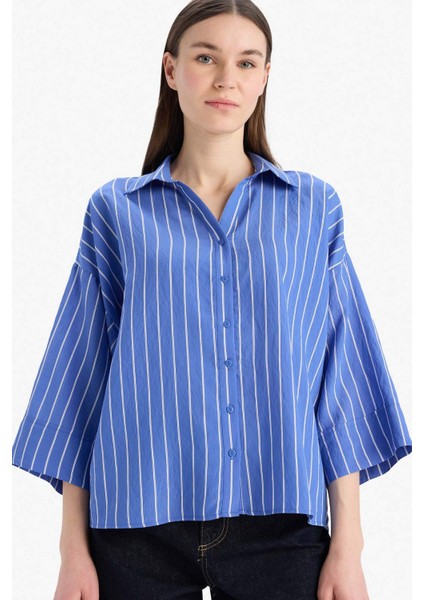 Regular Fit Çizgili Geniş Uzun Kollu Gömlek