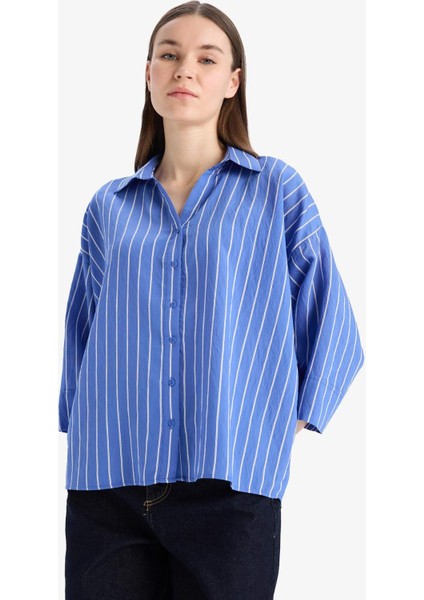 Regular Fit Çizgili Geniş Uzun Kollu Gömlek