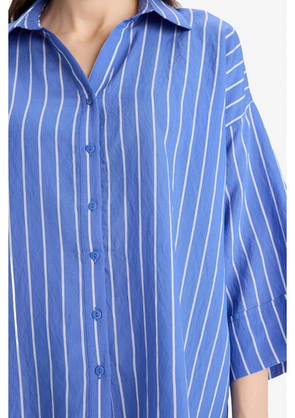 Regular Fit Çizgili Geniş Uzun Kollu Gömlek