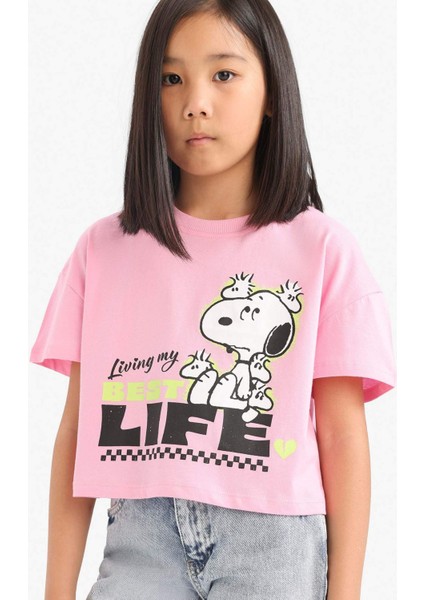 Kız Çocuk Snoopy Bisiklet Yaka Kısa Kollu Tişört E8160A825HS