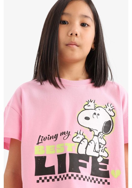 Kız Çocuk Snoopy Bisiklet Yaka Kısa Kollu Tişört E8160A825HS