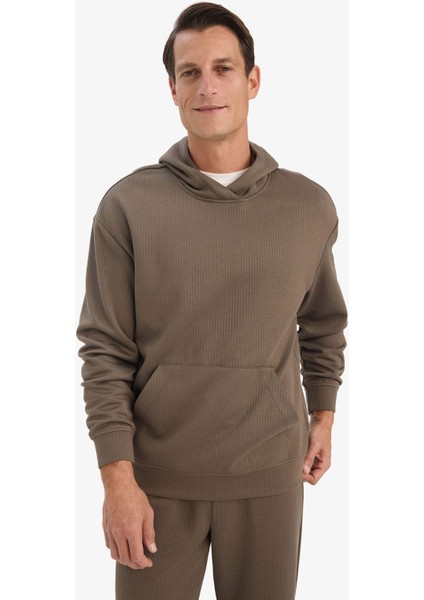 Boxy Fit Kapüşonlu Kanguru Cepli Jakarlı Sweatshirt E9308AX25AU