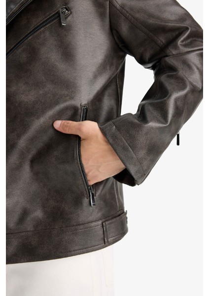 Su İtici Slim Fit Dar Kesim Polo Yaka Astarlı Fermuarlı Suni Deri Rüzgar Geçirmez Mevsimlik Mont F0151AX25AU