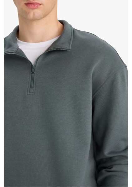 Boxy Fit Dik Yaka Yarım Fermuarlı Skuba Dalgıç Kumaş Sweatshirt E9363AX25AU