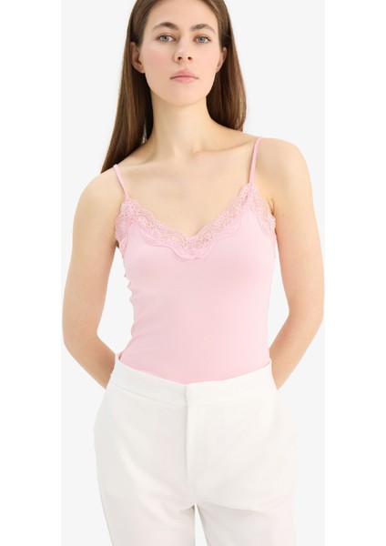 Slim Fit Dar Kesim V Yaka Dantelli Çıtçıtlı Body E8483AX25SP