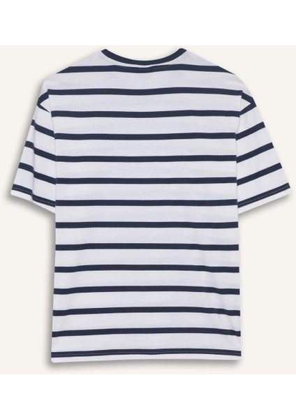 %100 Pamuk Boxy Fit Rahat Kesim Bisiklet Yaka Çizgili Kısa Kollu Tişört E1160AX25AU
