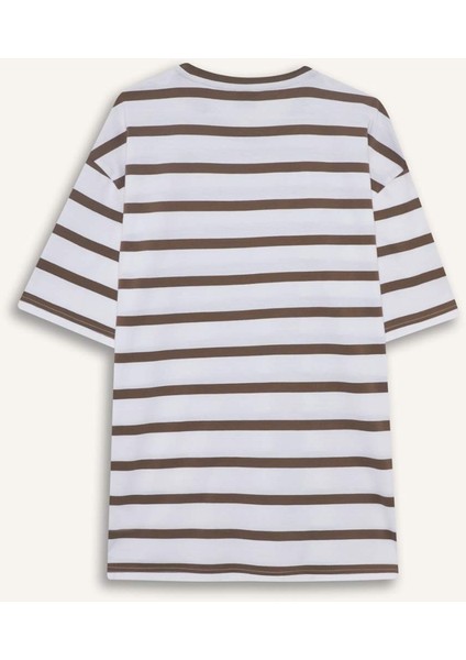 %100 Pamuk Boxy Fit Rahat Kesim Bisiklet Yaka Çizgili Kısa Kollu Tişört E1160AX25AU