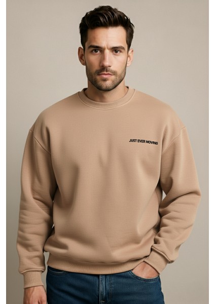 Bisiklet Yaka Nakışlı Şardonlu Içi Polarlı Vizon Erkek Sweatshirt - Volar