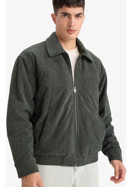 Oversize Geniş Kalıp Gömlek Yaka Beli Lastikli Fermuarlı İç Cepli Kadife Mont E9186AX25AU