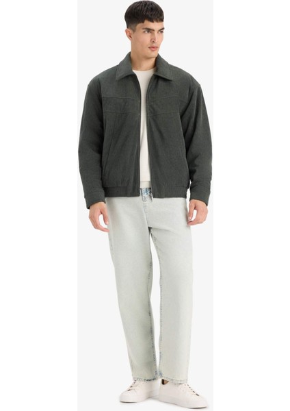 Oversize Geniş Kalıp Gömlek Yaka Beli Lastikli Fermuarlı İç Cepli Kadife Mont E9186AX25AU