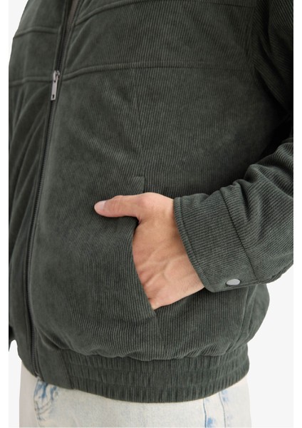 Oversize Geniş Kalıp Gömlek Yaka Beli Lastikli Fermuarlı İç Cepli Kadife Mont E9186AX25AU