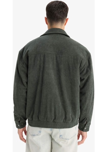 Oversize Geniş Kalıp Gömlek Yaka Beli Lastikli Fermuarlı İç Cepli Kadife Mont E9186AX25AU