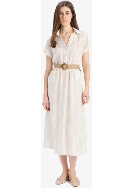 Gömlek Yaka Keten Karışımlı Kemerli Kısa Kollu Midi Elbise E8341AX25SP