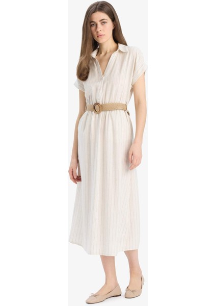 Gömlek Yaka Keten Karışımlı Kemerli Kısa Kollu Midi Elbise E8341AX25SP