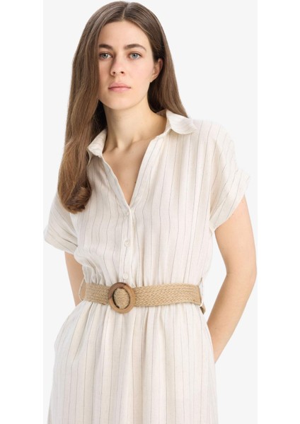 Gömlek Yaka Keten Karışımlı Kemerli Kısa Kollu Midi Elbise E8341AX25SP