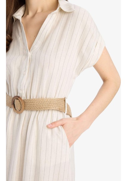 Gömlek Yaka Keten Karışımlı Kemerli Kısa Kollu Midi Elbise E8341AX25SP