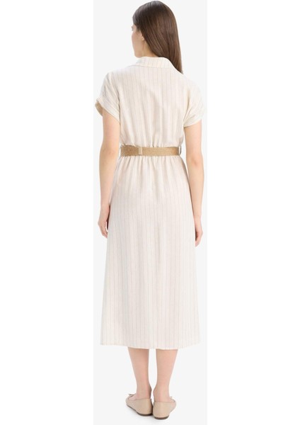 Gömlek Yaka Keten Karışımlı Kemerli Kısa Kollu Midi Elbise E8341AX25SP