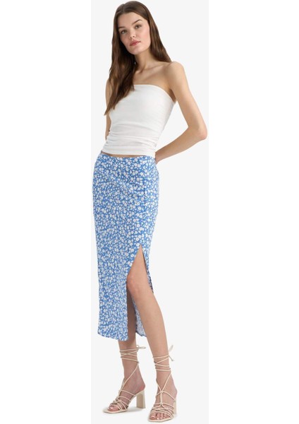 A Kesim Çiçek Desenli Yüksek Bel Yırtmaçlı Midi Etek F0526AX25SP