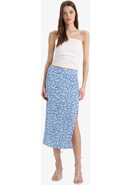 A Kesim Çiçek Desenli Yüksek Bel Yırtmaçlı Midi Etek F0526AX25SP