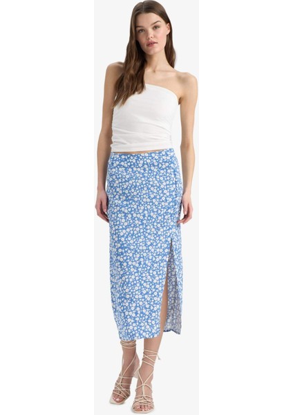 A Kesim Çiçek Desenli Yüksek Bel Yırtmaçlı Midi Etek F0526AX25SP