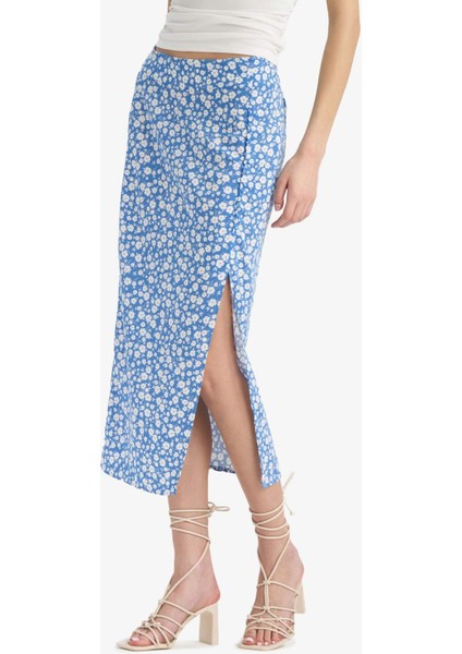 A Kesim Çiçek Desenli Yüksek Bel Yırtmaçlı Midi Etek F0526AX25SP