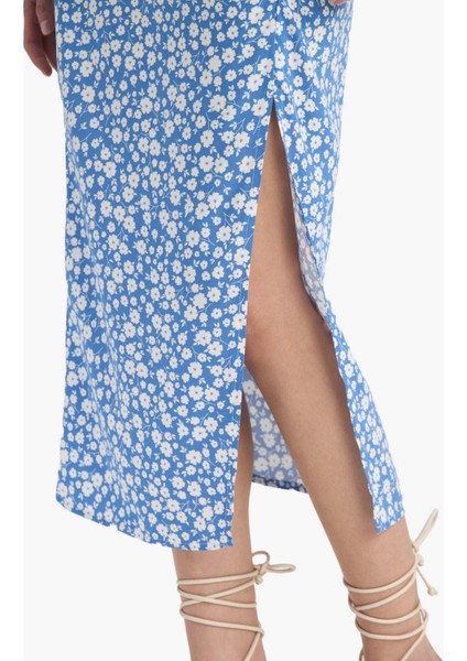 A Kesim Çiçek Desenli Yüksek Bel Yırtmaçlı Midi Etek F0526AX25SP