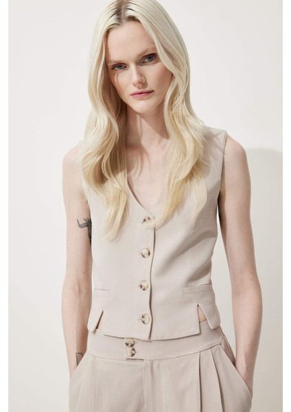 V Yaka Keten Karışımlı Beyaz Blazer Yelek D0513AX25SM