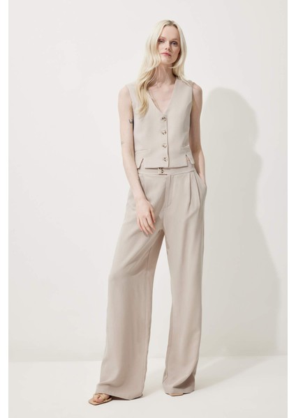 V Yaka Keten Karışımlı Beyaz Blazer Yelek D0513AX25SM