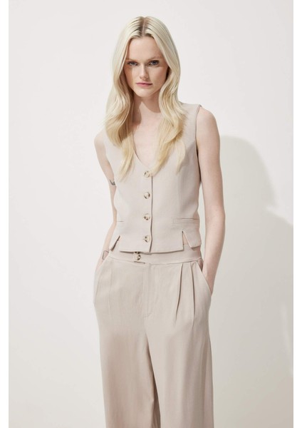 V Yaka Keten Karışımlı Beyaz Blazer Yelek D0513AX25SM