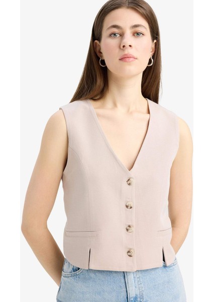 V Yaka Keten Karışımlı Beyaz Blazer Yelek D0513AX25SM