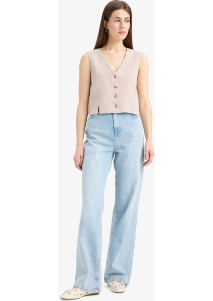 V Yaka Keten Karışımlı Beyaz Blazer Yelek D0513AX25SM