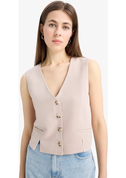 V Yaka Keten Karışımlı Beyaz Blazer Yelek D0513AX25SM