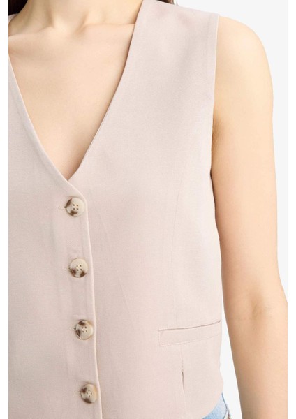 V Yaka Keten Karışımlı Beyaz Blazer Yelek D0513AX25SM