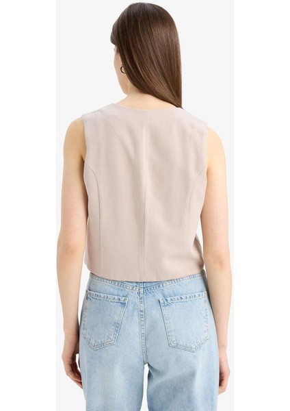 V Yaka Keten Karışımlı Beyaz Blazer Yelek D0513AX25SM
