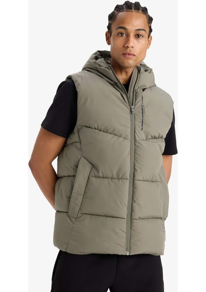 Fit Su İtici Rüzgar Geçirmez Regular Fit Kapüşonlu Fermuarlı Cepli Şişme Yelek