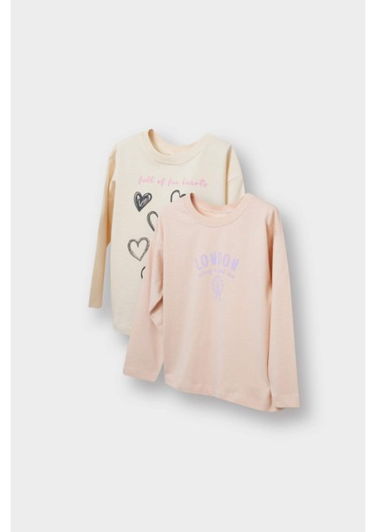 Kız Bebek Bisiklet Yaka Kalp Desenli 2'li Uzun Kollu Tişört E9012A525AU