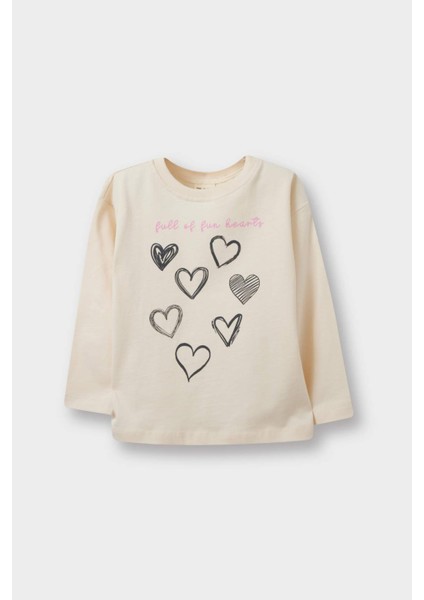 Kız Bebek Bisiklet Yaka Kalp Desenli 2'li Uzun Kollu Tişört E9012A525AU