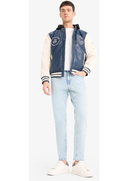 Su İtici Regular Fit Kolej Yaka Kapüşonlu İç Cepli Nakışlı Cepli Suni Deri Bomber Ceket Mont E9972AX25AU