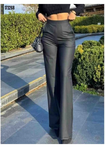 Kadın Yüksek Bel Cepli Şardonlu Geniş Paçalı Mat Deri Pantolon, Kırmızı Gül Figürlü Kolye Hediye