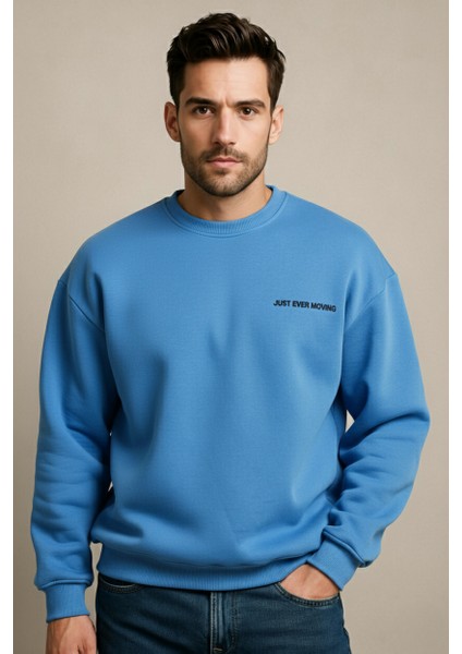 Bisiklet Yaka Nakışlı Şardonlu Içi Polarlı Mavi Erkek Sweatshirt - Volar